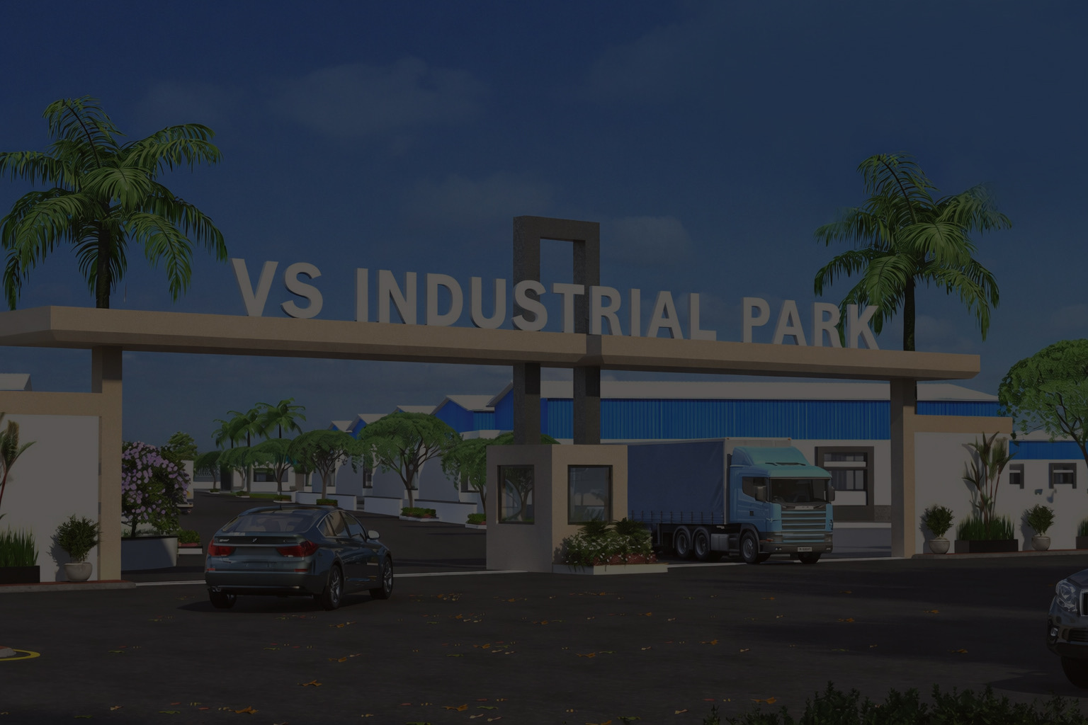 Modern industrial complex with sunset and clean roads